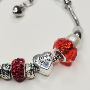 NWT Pandora Style Charm Bracelet Snake Chain Valentines Day Gift Hearts Pearl